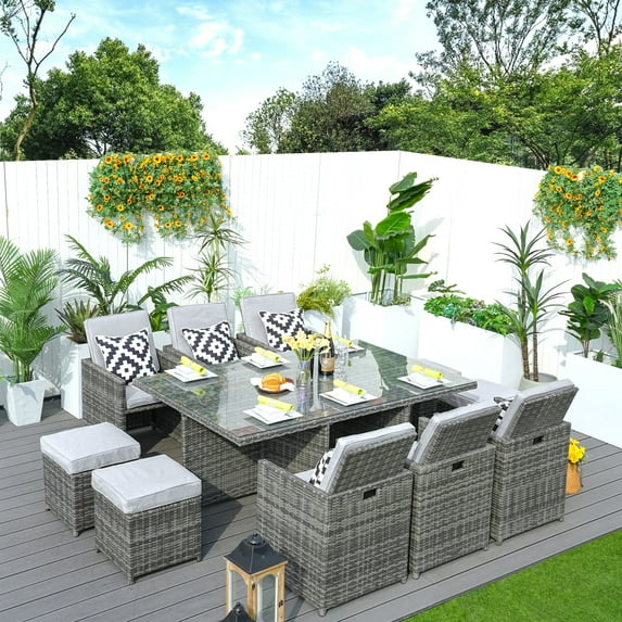 Direct Wicker 11-Piece Patio Dining Set Metal Rattan Wicker Furniture Garden Cushioned