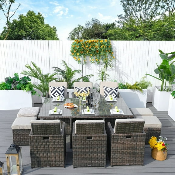 Direct Wicker 11-Piece Patio Dining Set Wicker Dining Table with Beige Cushions