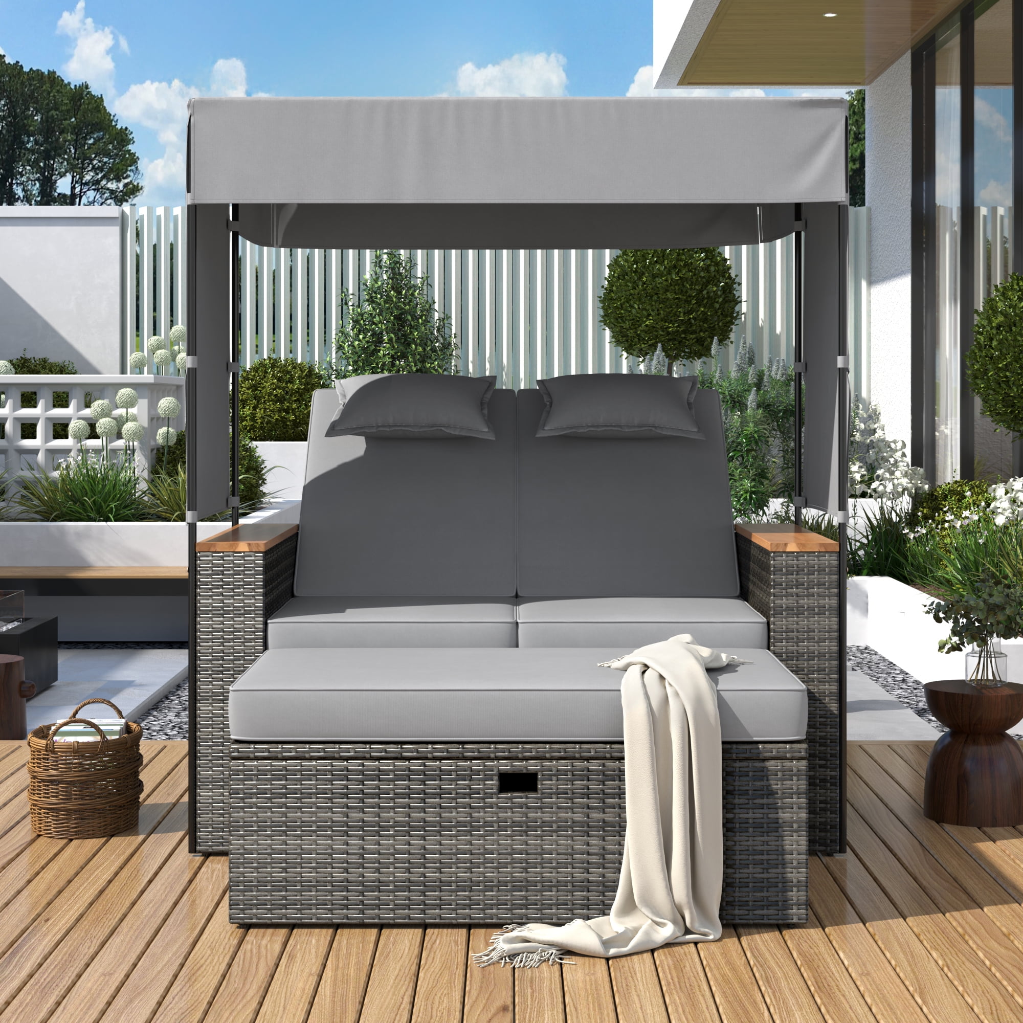 Direct Wicker 2Piece Rattan Patio Bench Lounge Roof Set, Effective UV