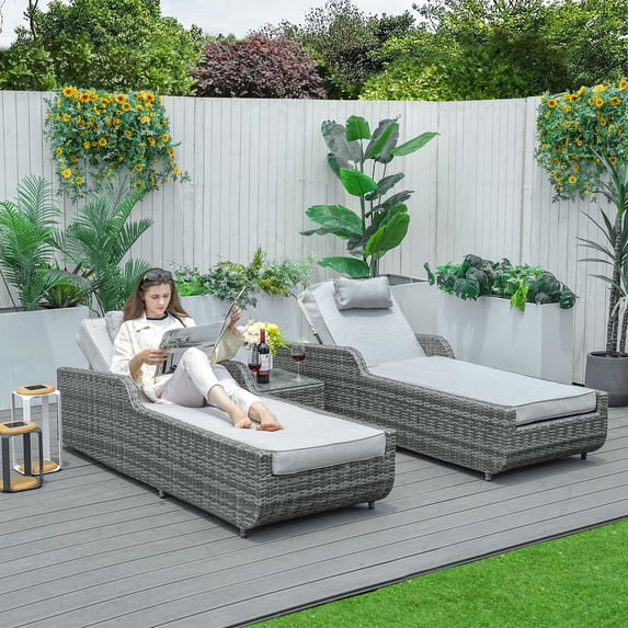 Direct Wicker 3-Piece Outdoor Rattan Wicker Lounge Chairs Set w/ Cushion & Pillow, Adjustable Reclining Backrest Lounger Chairs and Table - Gray