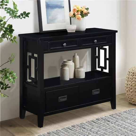 Direct Wicker DJ-W1202P251878 36'' Farmhouse Pine Wood Console Table with 4 Drawers & Storage Shelf, Black