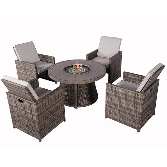 Direct Wicker 4 Seat Round Gas Fire Pit Dining Table with Rattan Chairs-Grey