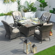 Direct Wicker 4 Seat Square Gas Fire Pit Dining Table with Rattan Chair, Brown Patio Dining Set