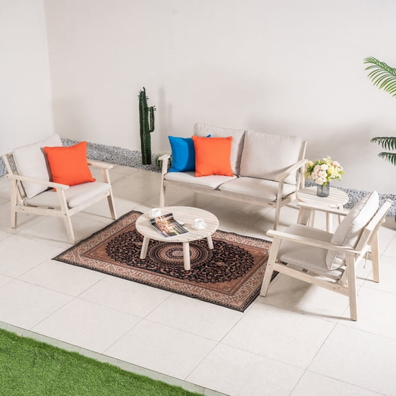 Direct Wicker 5-Piece Modern Wooden Patio Furniture Set with Cushions & Coffee Table Outdoor Sectional Conversation Set