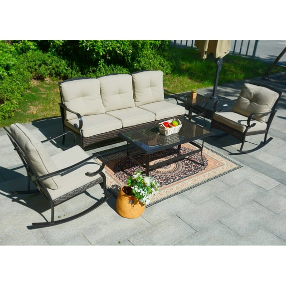 Direct Wicker 5-Piece Patio Conversation Set Outdoor Sectional Rattan Sofa Rocking Chairs Set, Beige