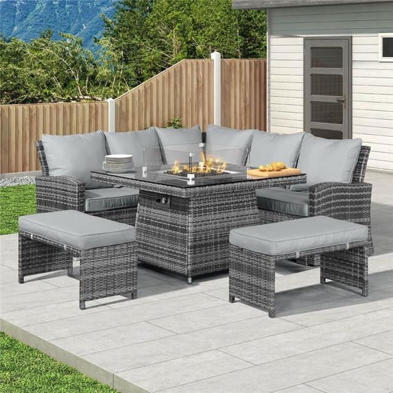 Direct Wicker 5 Pieces Outdoor Patio Fire Pit Table Conversational Sofa set with Cushions, Grey