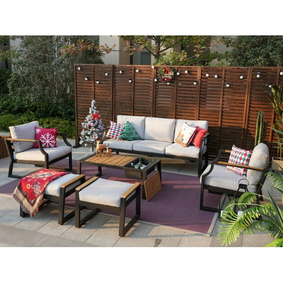 Direct Wicker 6 Pcs Outdoor Aluminum Furniture Set Patio Sectional Sofa Conversation Set, Black