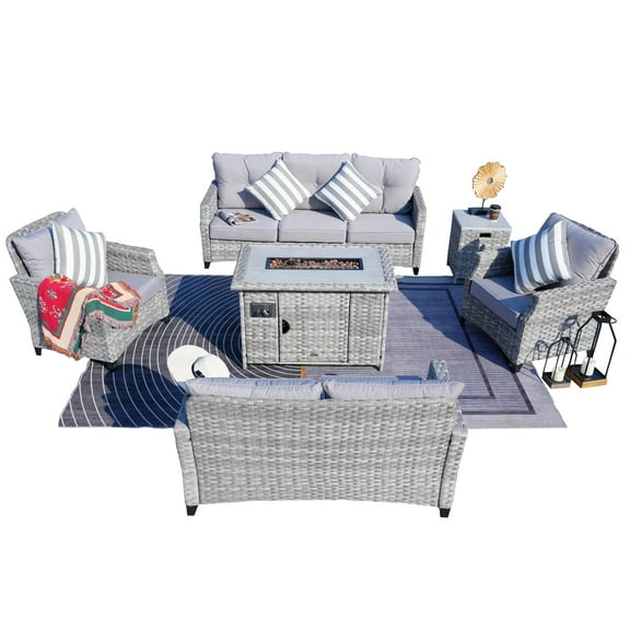 Direct Wicker 6-Piece Outdoor PE Rattan Patio Sofa Set with Gas Fire Pit Table and Cushions, Gray