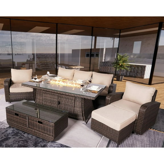 Direct Wicker 6-Piece Outdoor Patio Furniture Set with 72" Gas Propane Fire Pit Table Rattan Sectional Sofa Conversation Sets, Brown