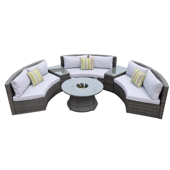 Direct Wicker  6-Piece Patio Gray Rattan Wicker Halfmoon Shape Sectional Sofa and Coffee Table Set with Cushions