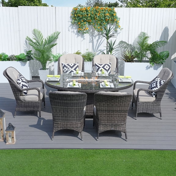 Direct Wicker 6 Seat Oval Gas Fire Pit Dining Table With Eton Chair