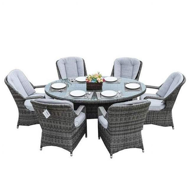 Direct Wicker  7 Piece 6 Seat Outdoor Garden Lamao Rattan Oval Dining Table and Chairs Set