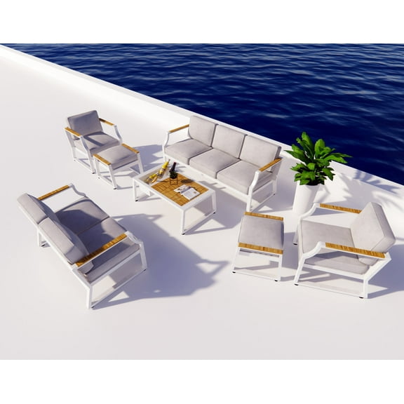 Direct Wicker 7-Piece Outdoor Aluminum Furniture Set Patio Sectional Sofa Conversation Set, White