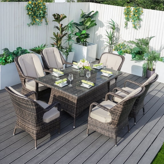 Direct Wicker 7-Piece Outdoor Wicker Patio Dining Set, Rectangular Table with Tempered Glass Top & 6 Cushioned Chairs,Brown