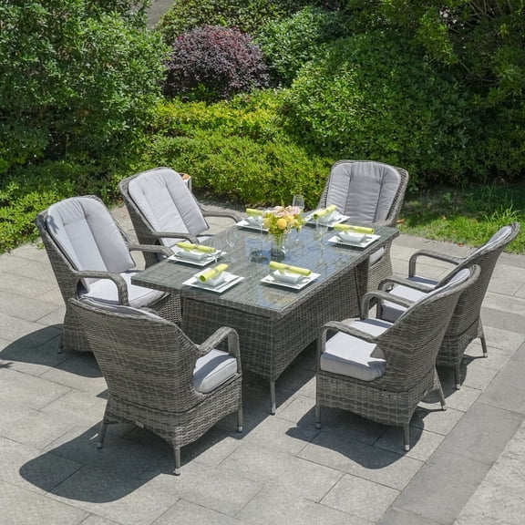 Direct Wicker 7-Piece Outdoor Wicker Patio Dining Set, Rectangular Table with Tempered Glass Top & 6 Cushioned Chairs,Gray