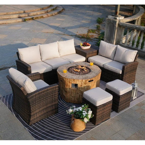 Direct Wicker 7-Piece Patio Brown Wicker Conversation Sofa Set with 40" Fire Pit Table