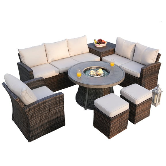 Direct Wicker 7-Piece Patio Conversation Set with Grey Fire Pit Table, Outdoor Sectional Sofa with Brown Wicker