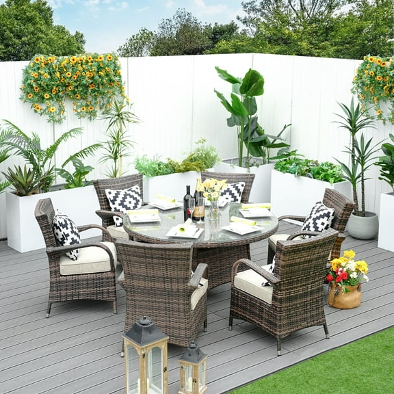 Direct Wicker 7-Piece Patio Dining Set with Rattan Chairs and Cushions in Brown