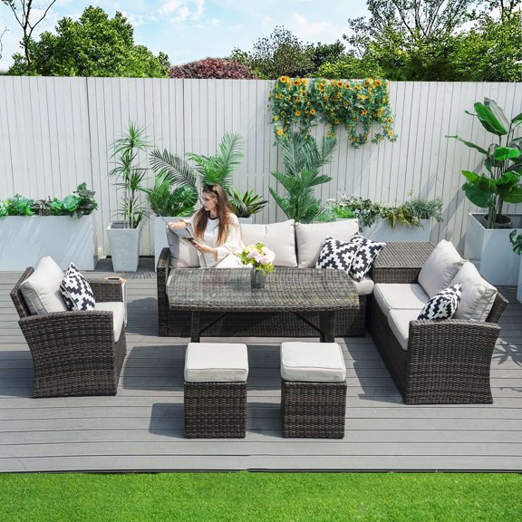 Direct Wicker 7 Piece Patio Furniture Rattan Sofa Set with Cushions, Brown