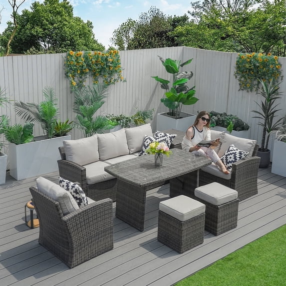Direct Wicker 7-Piece Patio Garden Rattan Wicker Dining Sofa Set with Cushions - Gray