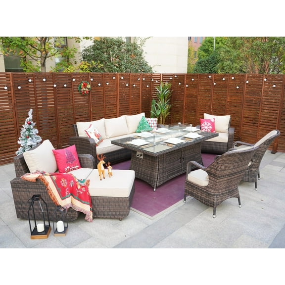 Direct Wicker 7-Piece Rattan Patio Conversation Sofa Set Fire Pit Dining Table with Chairs, Brown