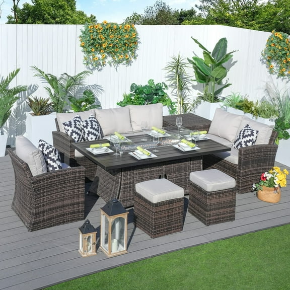 Direct Wicker 7-Piece Rattan Patio Conversation Sofa Set with Rectangle Fire Pit Table - Brown