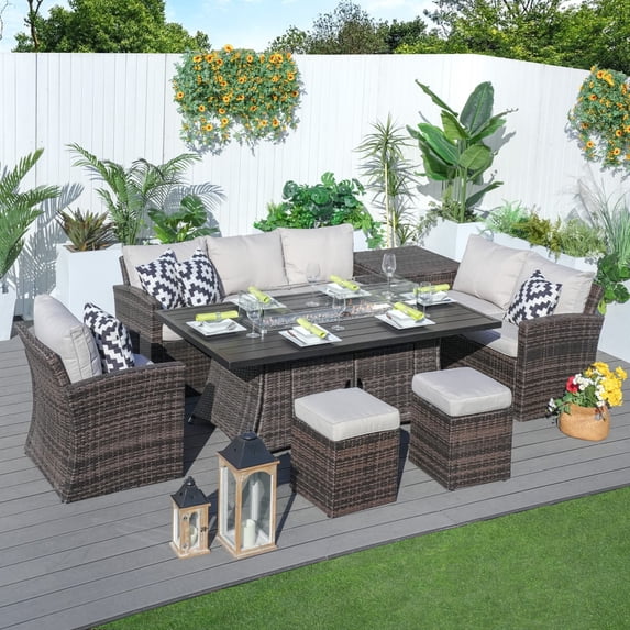 Direct Wicker 7-Piece Rattan Patio Conversation Sofa Set with Rectangle Fire Pit Table - Brown