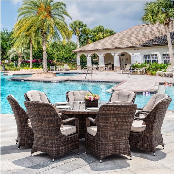 Direct Wicker Aluminum Wicker Outdoor Round Dining Table with Tempered Glass Top & Umbrella Hole, Seats 8(Brown)