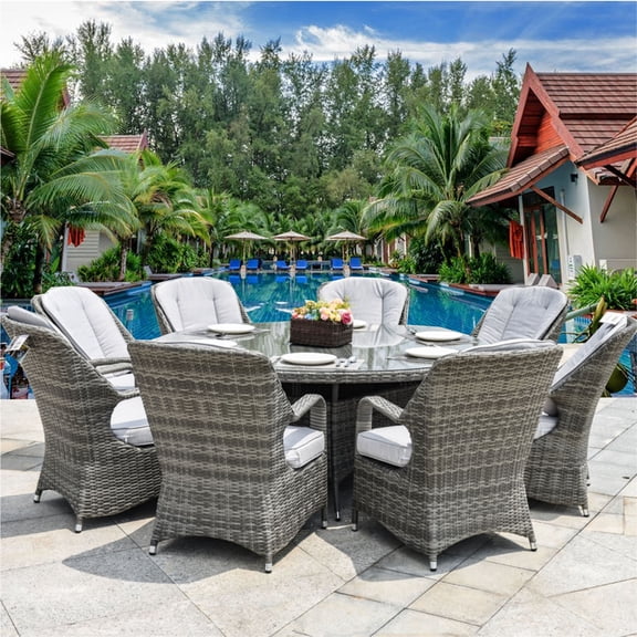 Direct Wicker Aluminum Wicker Outdoor Round Dining Table with Tempered Glass Top & Umbrella Hole, Seats 8(Grey)