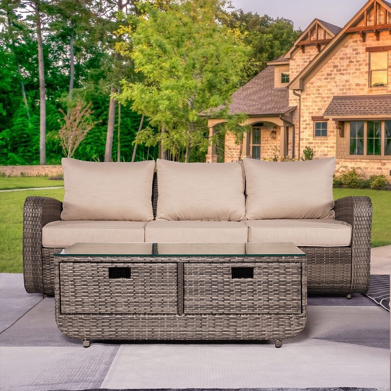 Direct Wicker Aurora Patio 3-Seater Handwoven Rattan Sofa Couch with Cushion Grey