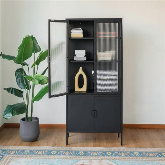 Direct Wicker DW-DC01-BK-GD Elegant Matte Black Metal and Glass Storage Cabinet with Adjustable Shelves