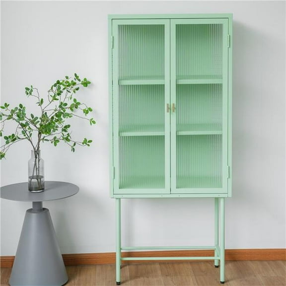 Direct Wicker DW-DC55-LG-GD Modern Solid Color Matte Glass Storage Cabinet with Adjustable Shelves, Green