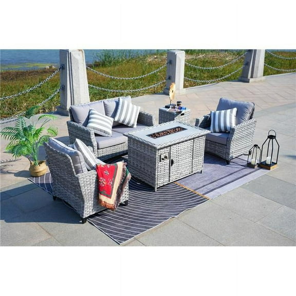 Direct Wicker DWF-1801-G 5-Piece Aluminum Wicker Outdoor Gas Fire Pit Conversation Set with Gray Cushions
