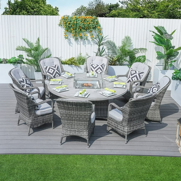 Direct Wicker  Outdoor Wicker Round Firepit Dining Set with 8 Pieces Rattan Chairs, Grey