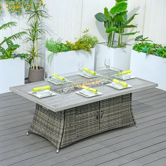 Direct Wicker Fashion 71" x 39.3" Rectangular Propane Fire Pit Table with Wind Guard and Metal Lid(Grey))