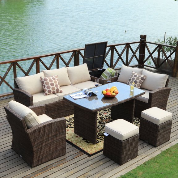 Direct Wicker Outdoor Furniture 7 Piece Rattan Sofa Set with Cushions - Brown