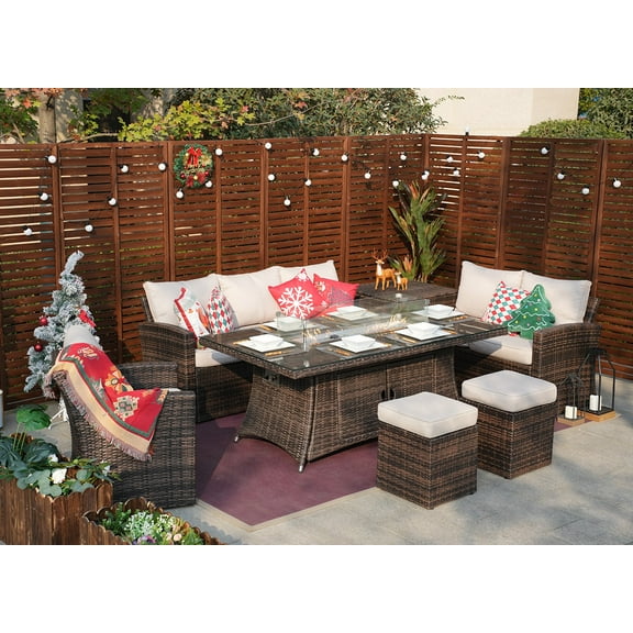 Direct Wicker Outdoor Furniture Gas Fire Rectangle Table Patio Wicker Dining Table with 8-Seat Sofa Set