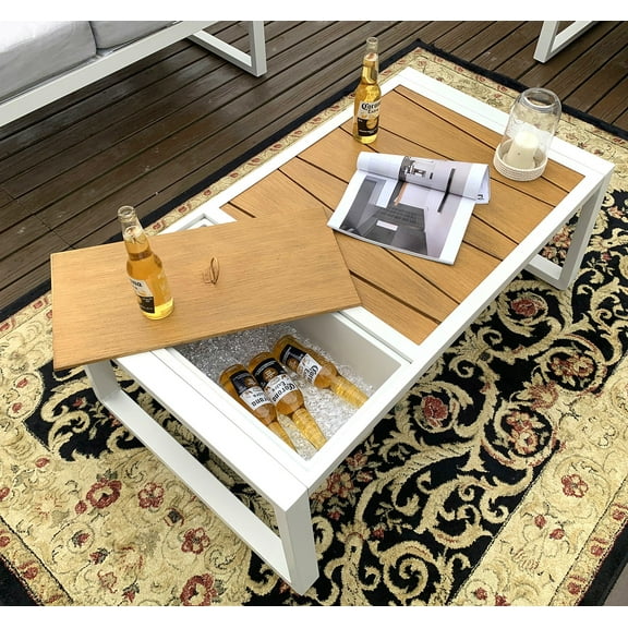 Direct Wicker Outdoor Patio Furniture Coffee Table, All-Weather Aluminum Rectangle Table with Ice Bucket, White
