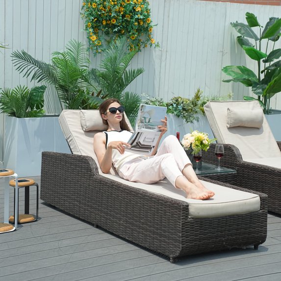 Direct Wicker Outdoor Rattan Chaise Lounge Chair with Adjustable Backrest & Cushion, 3-Piece Reclining Sun Lounger - Brown