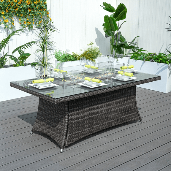 Direct Wicker Outdoor Rectangular Patio Fire Dining Table for 6 with Fire Glass Bead, Brown