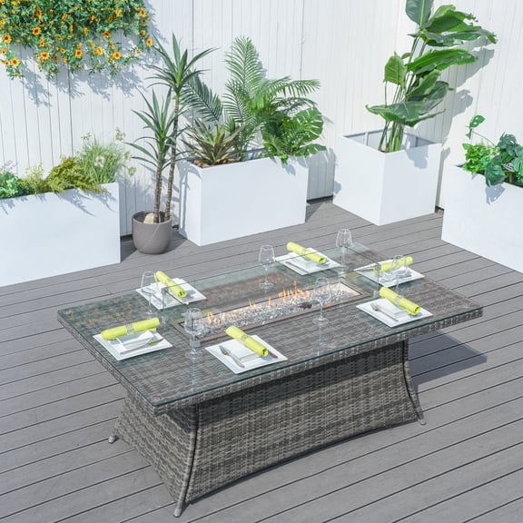 Direct Wicker Outdoor Rectangular Patio Fire Dining Table for 6 with Fire Glass Bead, Grey