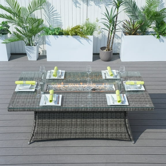Direct Wicker Outdoor Rectangular Patio Fire Dining Table for 6 with Fire Glass Bead, Grey