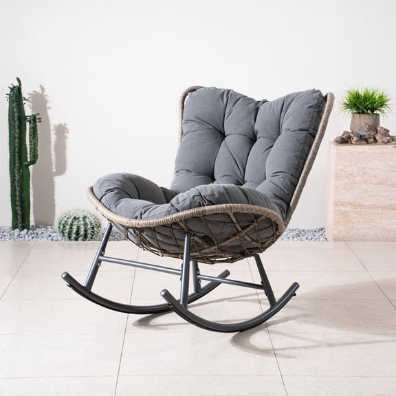 Direct Wicker Outdoor Rocking Chair with Cushion, Patio Rocker Chair with Thick Padded Seat, Gray