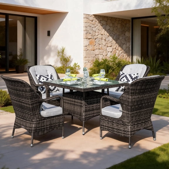 Direct Wicker Outdoor Wicker Patio Dining Set with Square Table, Tempered Glass Top & Cushioned Chairs,Brown