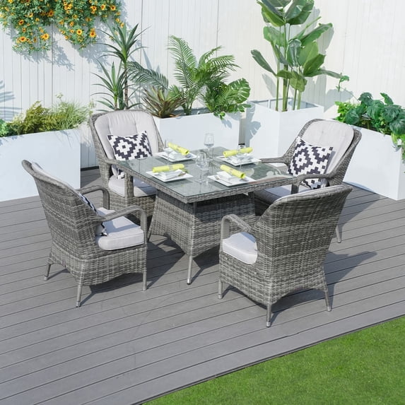 Direct Wicker Outdoor Wicker Patio Dining Set with Square Table, Tempered Glass Top & Cushioned Chairs,Grey