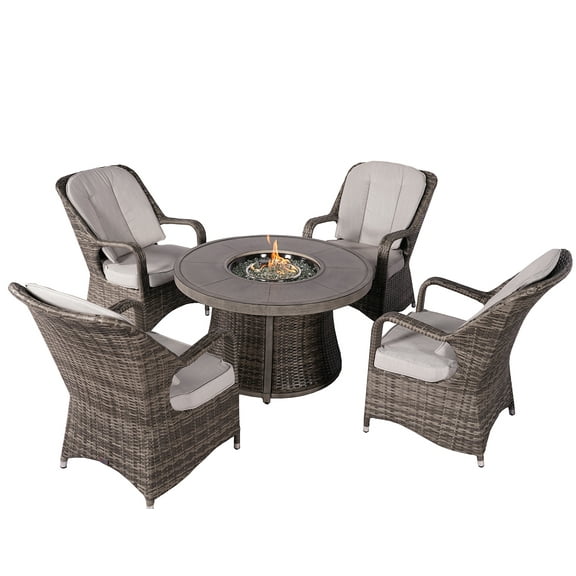 Direct Wicker Outdoor Wicker Round Firepit Dining Table Set with 4 Pieces Rattan Chairs, Grey
