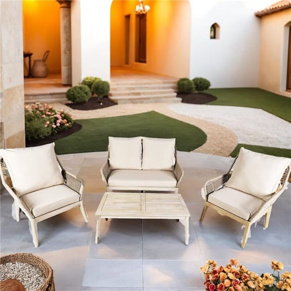 Direct Wicker PAC-2522-2S1L1T Direct Wicker 4-Piece Acacia Wood Outdoor Patio Conversation Set, Solid Wood Bench, 2 Single Chairs & Coffee Table with Thick Cushions