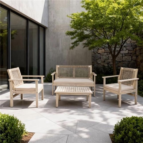 Direct Wicker PAC-2523 4-Piece Acacia Wood Patio Conversation Set with Cushions, Rope Woven Design Outdoor Furniture Set, Natural