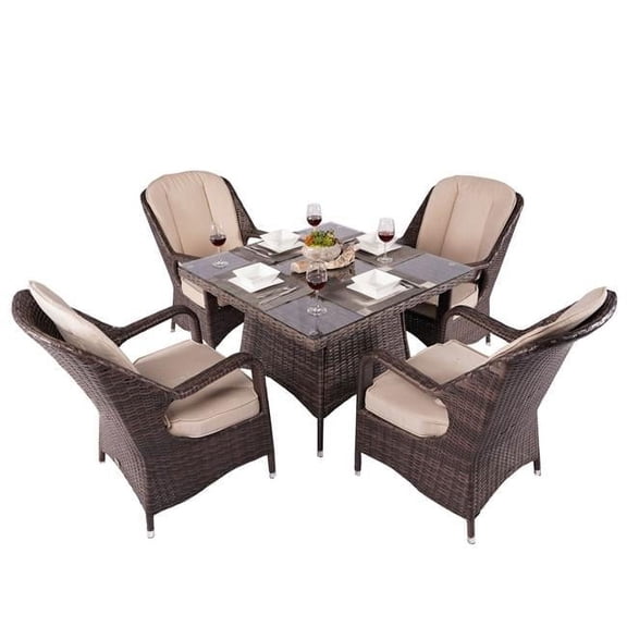 Direct Wicker PAD-1710-Brown 5 Piece 4 Seat Outdoor Garden Lamao Rattan Square Dining Table and Chairs Set