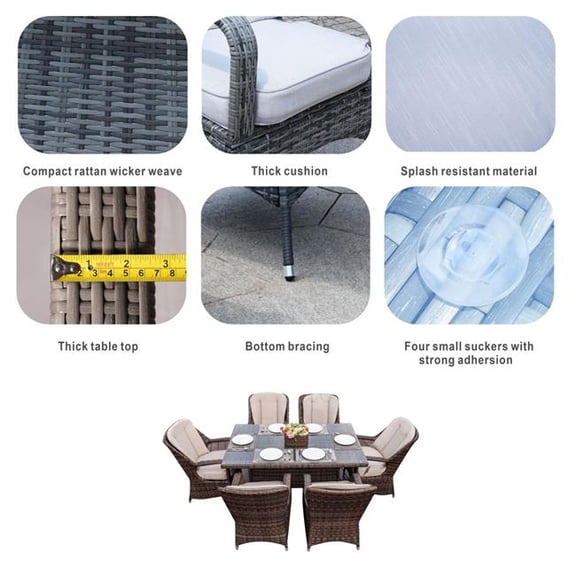 Direct Wicker PAD-1712-BR Elegant Brown Aluminum Wicker Dining Table with Six Chairs Set